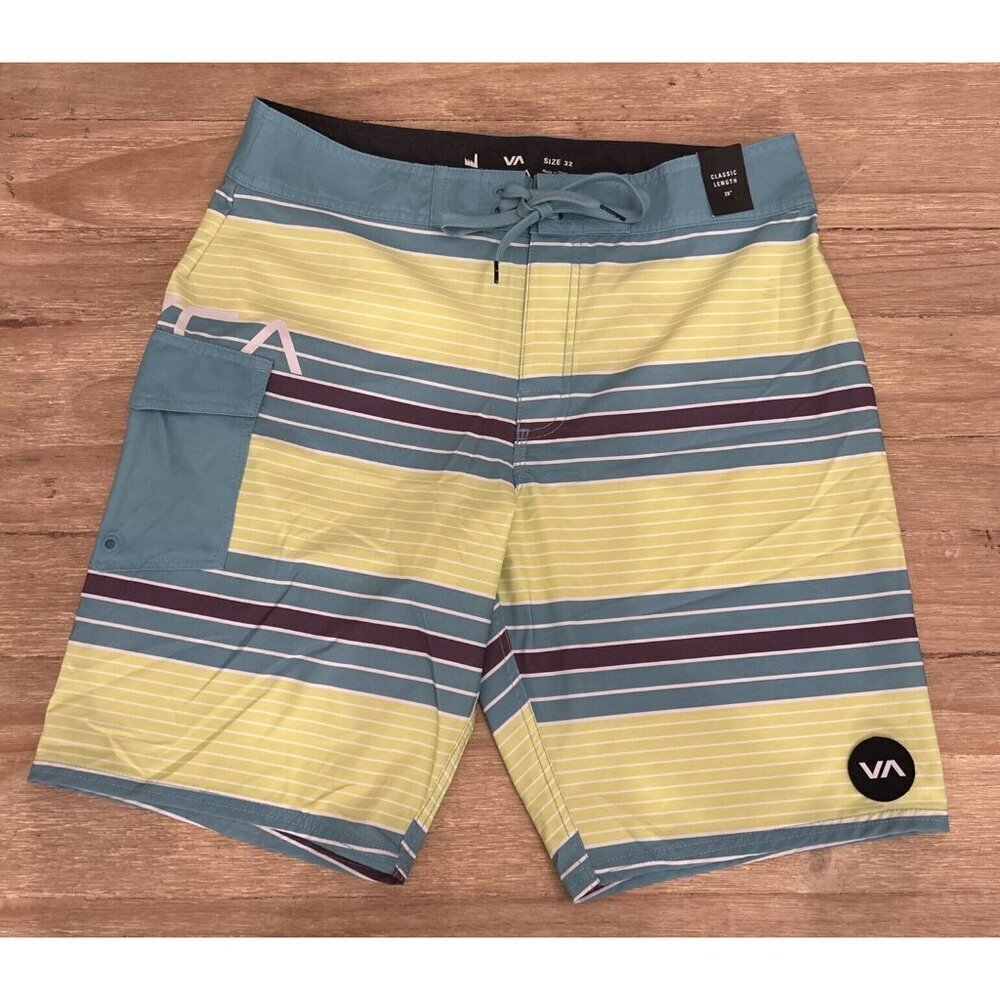 RVCA Uncivil Striped Swim Trunks Board Shorts Blue Yellow Men 32 NEW Classic
